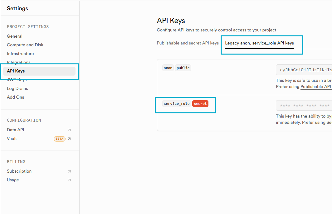 API Keys legacy - copy secret key