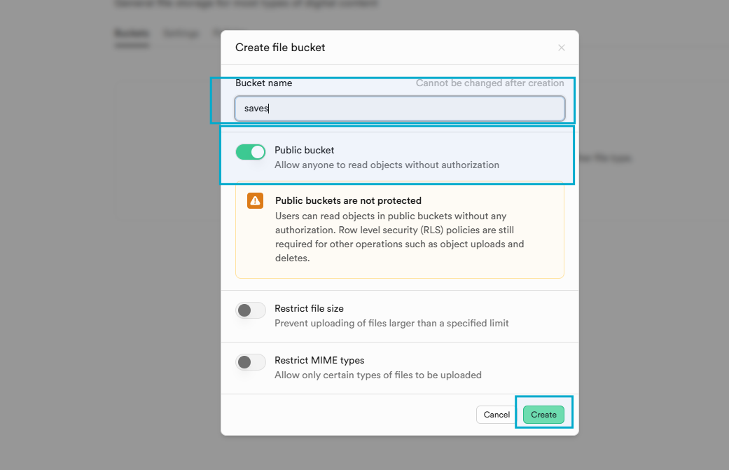 Create bucket, enable public