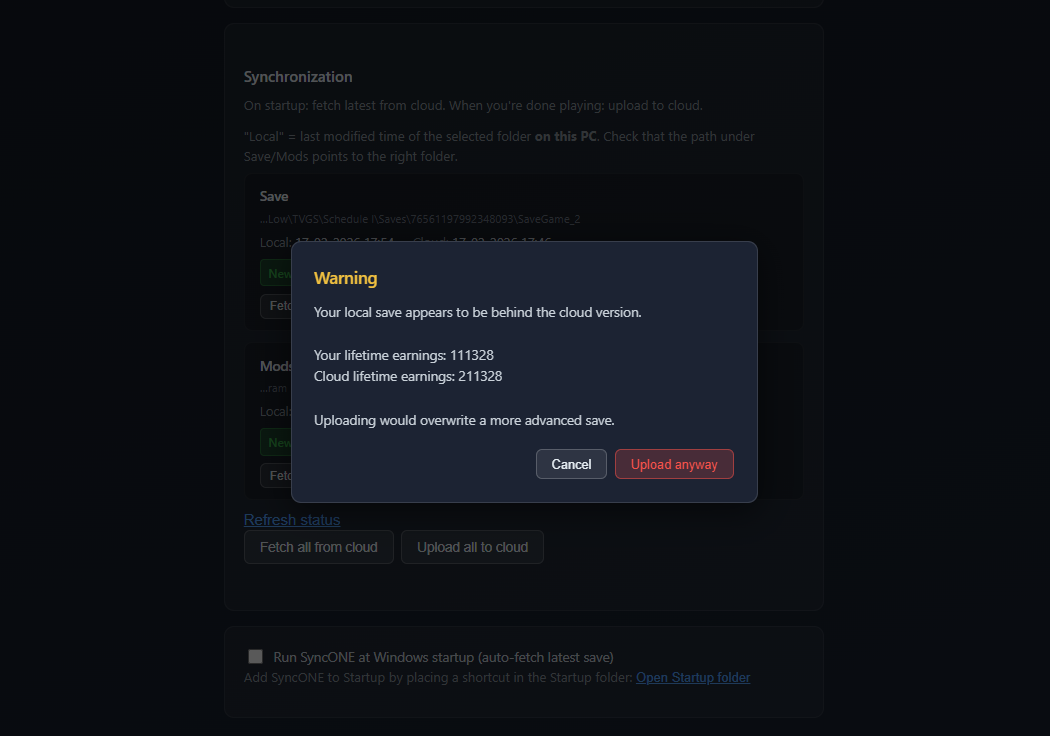 Failsafe warning – upload/fetch behind progress